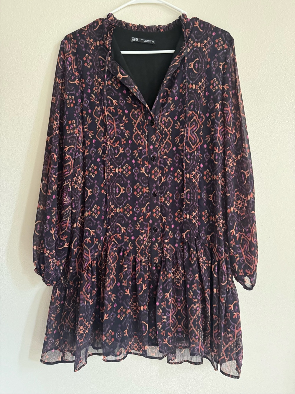 ZARA Black Top with Purple and Coral Floral Trim size m